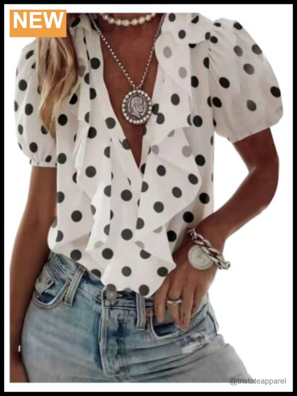 Women's Polka Dot Ruffle V-Neck Blouse Sheer Mesh Puff Sleeve Button Down